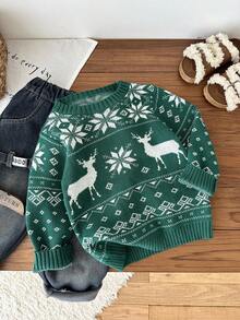 SHEIN 4pcs Young Boy Green Deer Intarsia Christmas Pattern Thick Loose Pullover Sweater, Suitable For Christmas Family Matching Outfits Mommy And Me (Sold Separately) Autumn Winter Clothes FGirlmen - Green - View 3