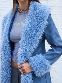 COUREZ 仿皮草长款大衣 /Y2K 秋季女装 冬季女装 女士冬季夹克 女士冬季外套 - 藍色 - 查看 6