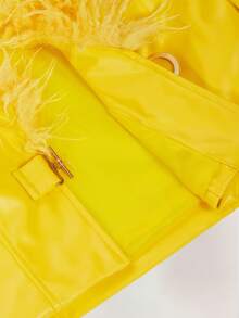 Y2K Amplova 女款卷毛翻领长袖皮草和皮革性感亮色飞行夹克，适合秋冬季派对和学校穿着 - 黃色 - 查看 15