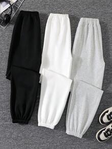 SHEIN 3 Pieces Set Teen Girl Fleece Sweatpants, Winter, Gothic Baggy , Back-To-School, White, Black Grey, Holiday Formal Work - Multicolor - View 3
