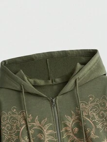 ROMWE Women Plus Size Fall Winter Back To School Hippie Sun & Leaf Print Zip-Up Loose Green Hoodie Sweatshirt - Green - View 3
