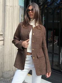 Aloruh Women's Fall/Winter Elegant Round Neck Fitted Plaid Tweed Blazer With Belt, Autumn/Winter,Winter Jacket Women,Winter Coat For Women,Business Casual Woman,Brown Blazer,Cozy Fall And Winter Clothes For Women - Khaki - View 7