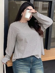 Dazy Plus Áo thun tay dài kẻ sọc đen trắng cỡ lớn, Xuân/Thu - Đen và trắng - Xem 3