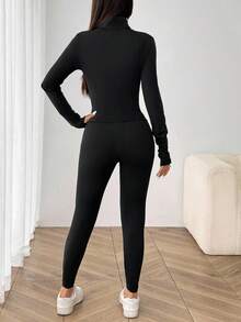 SHEIN EZwear Black Knit Women Zip-Up Cardigan + Camisole + Pants 3Pcs Sportswear Set - Black - View 2