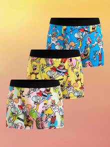 SpongeBob SquarePants | SHEIN 3pcs Tween Boy Cool Boy Soft & Comfy Cute Cartoon Printed Underwear,Basic Casual Briefs Fall Winter Boxers For Kids Cartoon Boxers