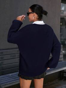 EURMUSE Women's Casual Embroidered Knit Crew Neck Long Sleeve Pullover - Navy Blue - View 2