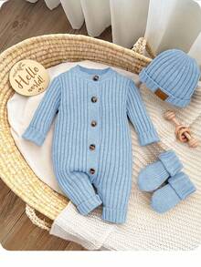 SHEIN 新生女婴可爱秋冬百搭针织连脚裤和帽子套装 - 藍色 - 查看 6