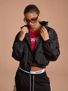 SHEIN Sports 女士休闲日常通勤简约百搭纯黑色落肩宽松立领拉链加厚外套，冬季羽绒夹克 - 黑色 - 查看 7