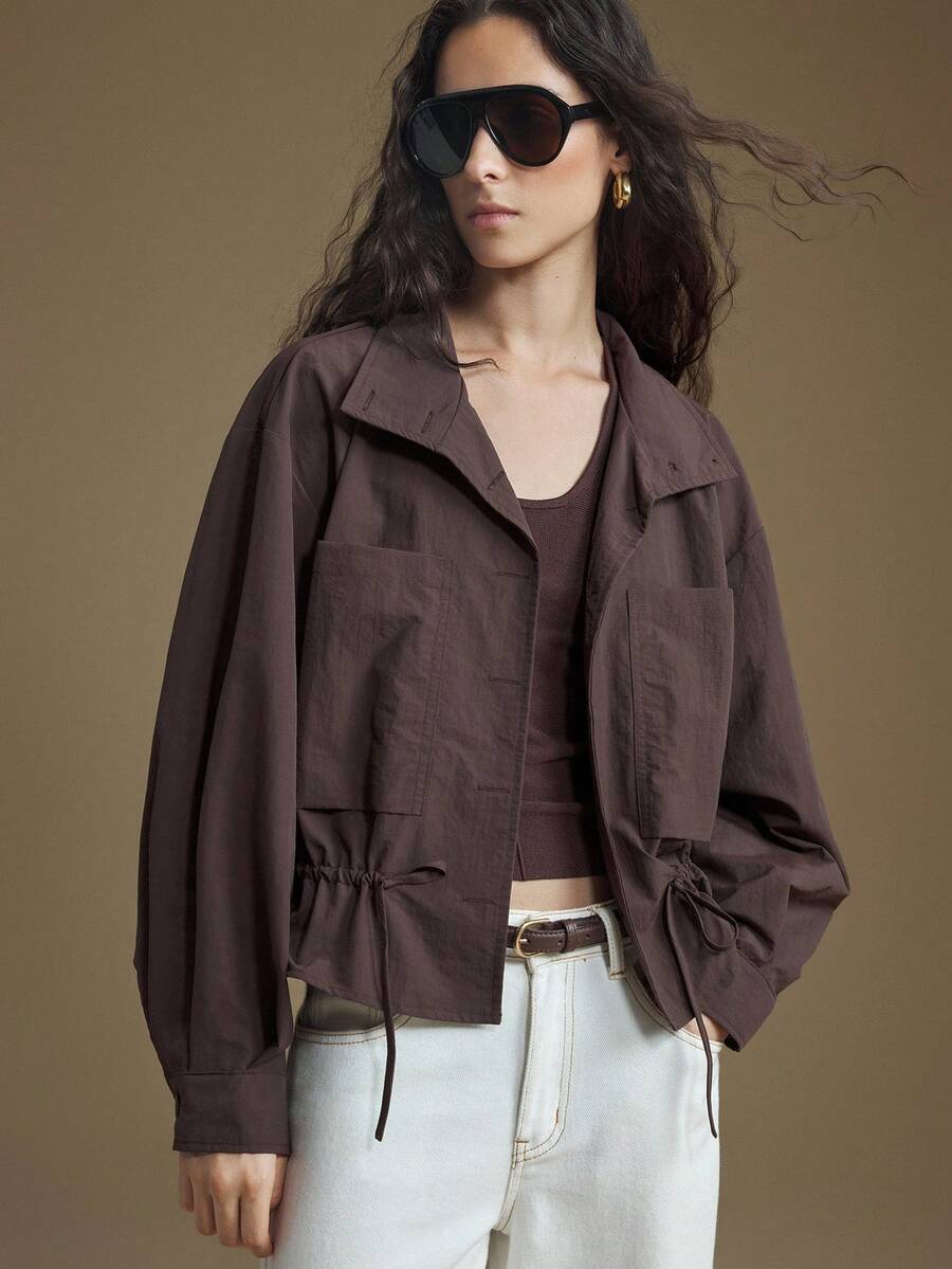 Ontre 2025年秋季新款女装、秋冬服装、四季服装、冬季服装、女装返校装、开学装、万圣节和圣诞节、女教师服装、外出装、夜间外出装、婚礼宾客礼服、优雅婚礼宾客装、教堂装、女士教堂装、商务休闲装、女士休闲通勤装、女士棕色常规夹克休闲百搭棕色抽绳腰部夹克、新年服装 - 巧克力棕 - 查看 1