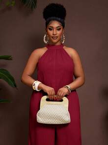 Veslaya 新款春夏休闲度假日常通勤挂脖圆领无袖超宽松阔腿加长裤白色女加大连体裤 - 酒紅色 - 查看 6