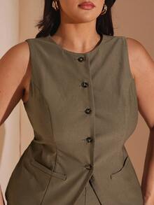 SHEIN BAE Plus Size Women's Brown Suit Set - Vest And Pants, Autumn/Winter/Early Autumn/Back To School/Going Out /Festival Outfits Women/Autumnfall/Wedding Guest Dress Women Plus Size/Formal Dresses For Women/Dresses For Women Elegant/Summer Dresses /Birthday Dress/Homecoming Dress/Off Shoulder Dress/Halloween Costume/Club Outfits Women Sexy/Christmas/Plus Size Suit/Office Set - Brown - View 7