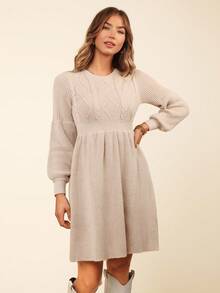 Coeurva 女士休闲/度假粗麻拼布 A 字型收腰圆领长袖针织连衣裙，秋冬 - 杏色 - 查看 2