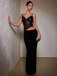 SHEIN BAE Modisches, sexy Damen Party-Kleid mit Pailletten-Stickerei und ausgeschnittener Träger - Schwarz - Übersicht 3