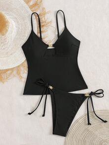 Swim Chiccia Women's Beach Summer Music Festival Spaghetti Strap Metal Jewelry Knotted Thong Mature Vacation Style Tankini Set