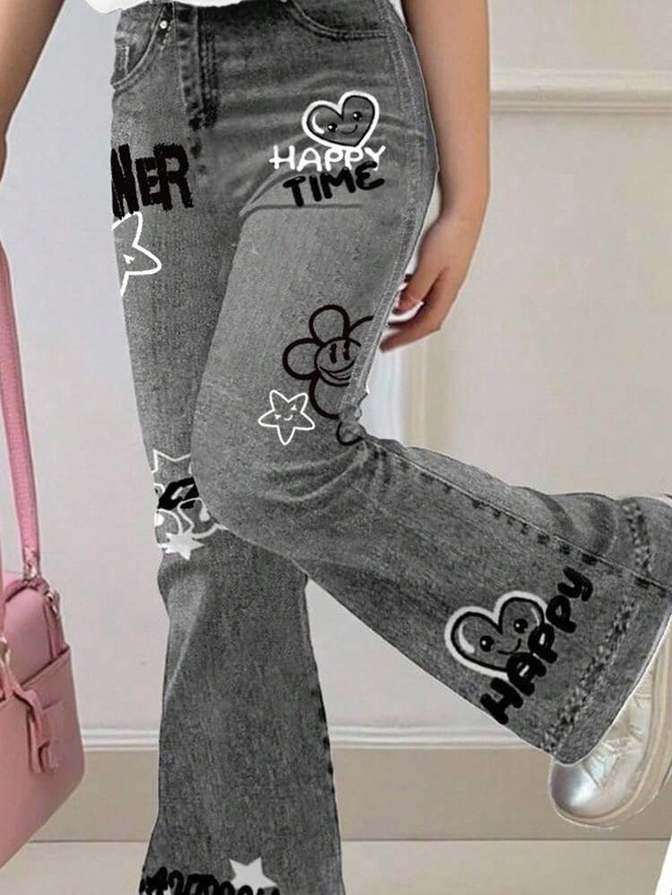 SHEIN Leap Crew 2pcs/Set Teen Girls Casual Loose Heart & Face Graffiti Print Round Neck Short Sleeve T-Shirt And Flare Pants Outfit, Suitable For Summer, Autumn, Home, Outdoor, Street Photography, Campus - Multicolor - View 3
