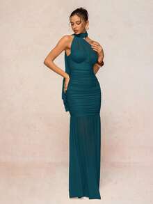 Lumalex Halter Neck Chiffon Flowy Ruched Bust Padded Bodycon Dress For Women - Teal Blue - View 5