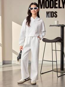 SHEIN Tween 女童休闲日常纯色纹理面料落肩宽松连帽衫和直筒裤套装，春秋季 - 白色 - 查看 1