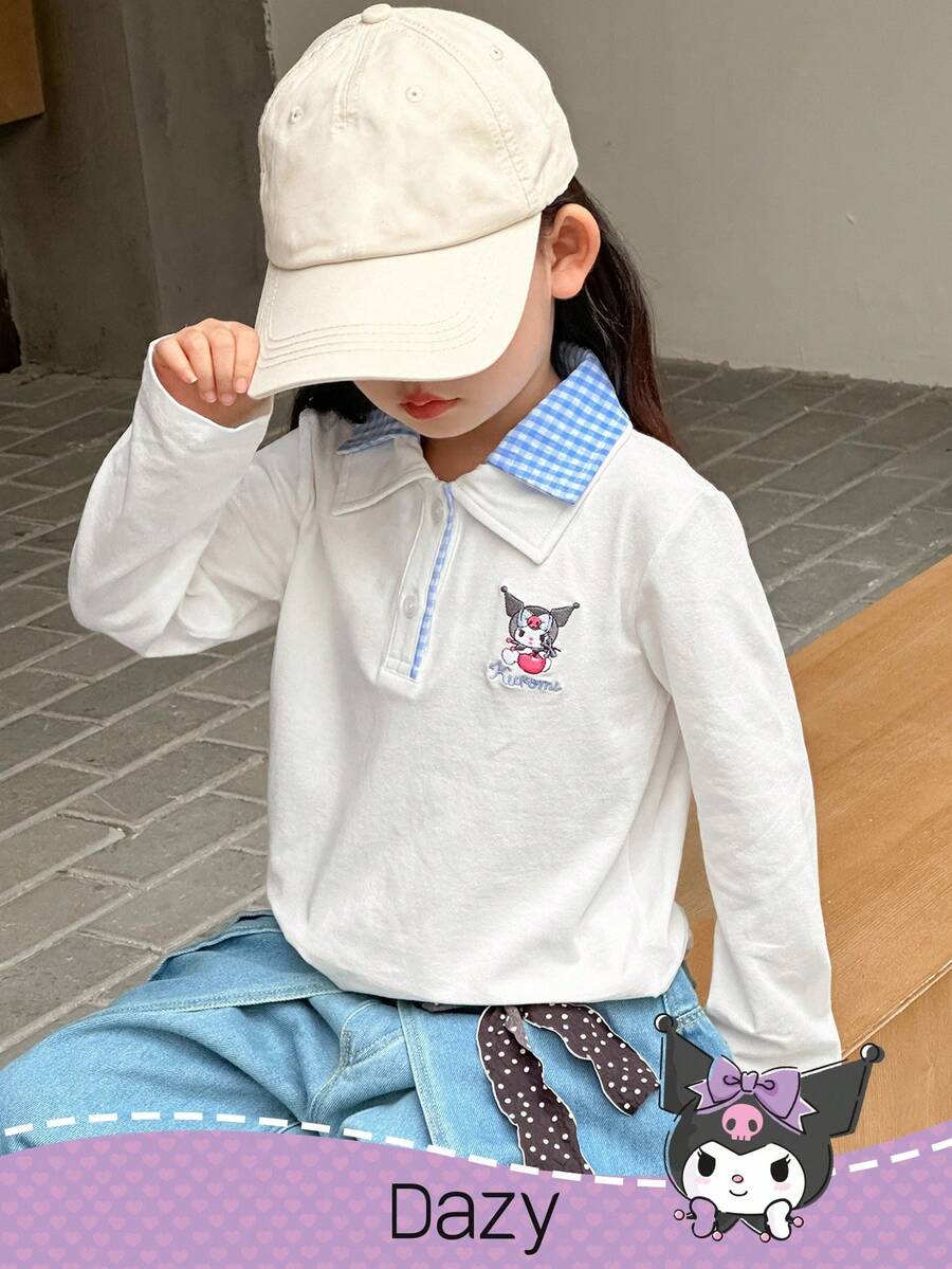 DAZY HELLO KITTY AND FRIENDS | SHEIN 少女卡通刺绣针织翻领长袖T恤，秋季 - 藍白色 - 查看 1