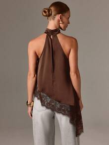 AiiRZ Women Sleeveless High Neck Lace Trim Asymmetric Satin Top Evening Party Fall Holiday Special Occasion Blouse Elegant Halter Tank - Coffee Brown - View 2