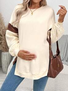 SHEIN 孕妇拼色圆领落肩长袖羊毛衫，秋冬休闲装 - 白色 - 查看 6