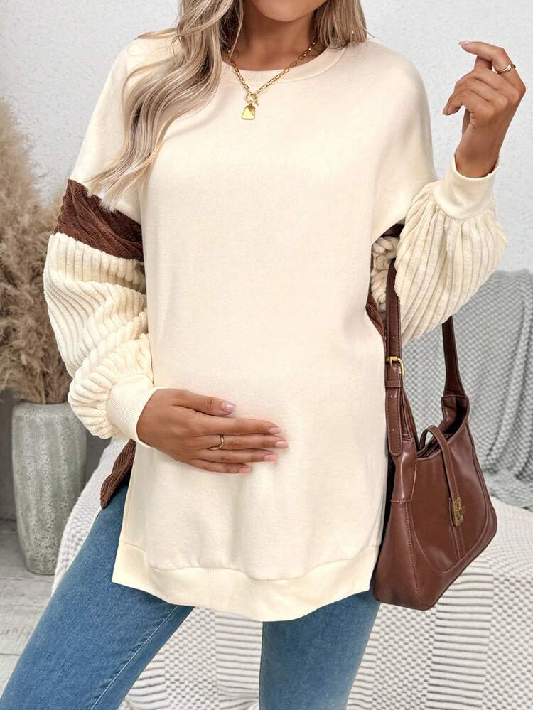 SHEIN 孕妇拼色圆领落肩长袖羊毛衫，秋冬休闲装 - 白色 - 查看 6