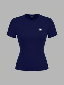 SHEIN EZwear 2pcs Casual Minimalist Black & Navy Blue Short Sleeve Crew Neck Basic T-Shirts With Pony Print, Suitable For Spring/Summer - Multicolor - View 3