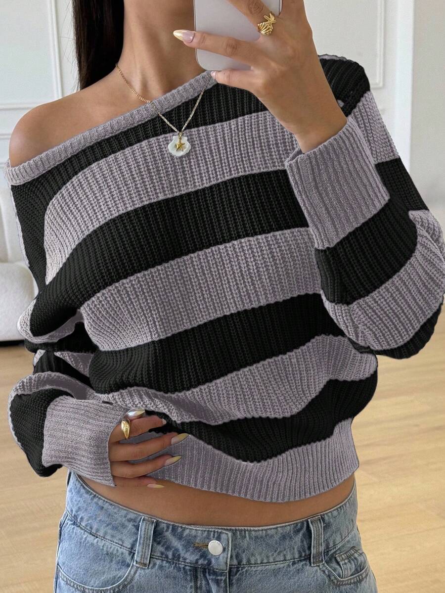 SHEIN Tween Girl Casual Striped Colorblock Off-Shoulder Loose Batwing Long Sleeve Sweater, Autumn/Winter