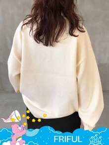 FRIFUL SHEIN X Care Bears 女士圆领字母刺绣撞色印花宽松加厚羊毛衫 - 米色 - 查看 5