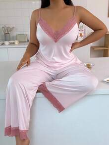 SHEIN 大码女式蕾丝拼布柔软舒适吊带背心和裤子睡衣套装