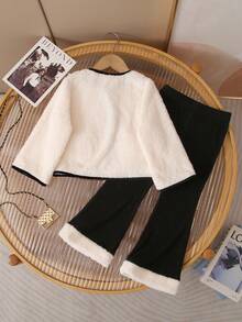 SHEIN Conjunto de chaqueta con decoración de lazo esponjoso y pantalones de cintura elástica para niña, otoño/invierno - Blanco y Negro - Ver 2