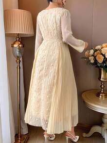 Modelyn 大码优雅通勤拼色褶皱拼接连衣裙 - 杏色 - 查看 3