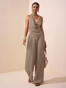 Zivah 2025 Spring/Summer New Music Festival, Easter, St. Patrick's Day, Western, Nomadic, Birthday Party, Graduation, College Style, Student Wear, Casual Everyday, Basic Versatile, Leisure, Cruise Travel, Beach, Sunbathing, Viral , Streetwear, Wedding Guest Boho, Commute, Brunch, Airport Outfit - Asymmetric Knot Design Pointed Top In Brown Textured Fabric, Flared Collar Top And Wide Leg Pants Suit, 2 Pieces Set