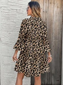 EMERY ROSE Women's V-Neck Ruffle Sleeve Leopard Print Short Dress, Autumn/Winter Long Sleeve Leopard Print Dress,Cheetah Print - Multicolor - View 3