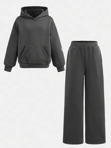 SHEIN 2pcs/Set Tween Girls Casual Hoodie Sweatsuit,Pink Bow Print,Autumn Back-To-School Tracksuit,Children's Sweatpants Set For School Daily Wear & Sports - Dark Grey - View 2
