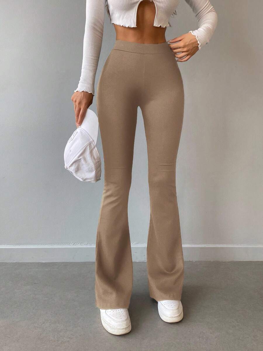 EURMUSE High-Waisted Flared Leg Pants - Mocha Brown - View 1