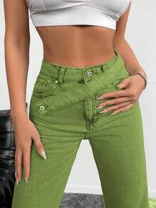 EURMUSE Ladies' Solid Straight-Leg Jeans - Army Green - View 2