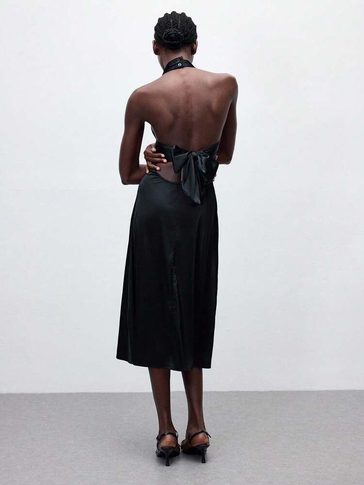 SHEIN Maija 2025 New Summer Black Halter Tie-Up Bow Metal Decor Elegant Satin Dress, Sexy & Fashionable Casual Romantic Business Casual Office Party Beach Music Festival Wedding Guest Brunch Y2k Street Style Airport Back To School Autumn