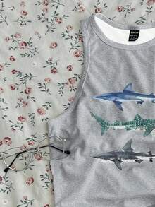 SHEIN EZwear Casual Minimalist Shark Animal Print Plus Size Tank Top, Suitable For Summer Back To School - Multicolor - View 3