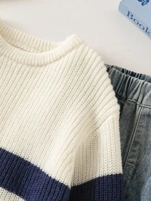 SHEIN Playful Pals Young Boy Thick Striped Knit Sweater, Long Sleeve, Autumn/Winter Fall - White - View 6