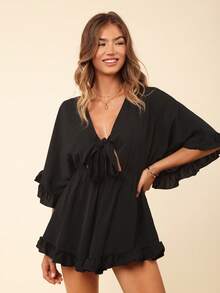 Coeurva Holiday Solid Color Batwing Sleeve, Ruffle Hem, Tie Waist Jumpsuit - Black - View 3