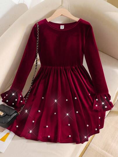 SHEIN Vestido de invierno elegante de terciopelo para niña preadolescente con mangas acampanadas, patchwork y bajo con volantes, color rojo vino, para fiesta de Halloween y Navidad, blanco, otoño, elegante, atuendo de cumpleaños