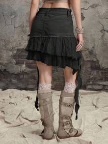 ROMWE Grunge Punk Y2K 破洞设计荷叶边拼接女式牛仔迷你裙 - 黑色 - 查看 3