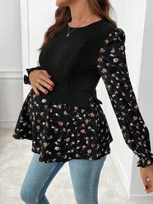 SHEIN 孕妇拼布碎花圆领长袖哺乳上衣 - 黑色 - 查看 5