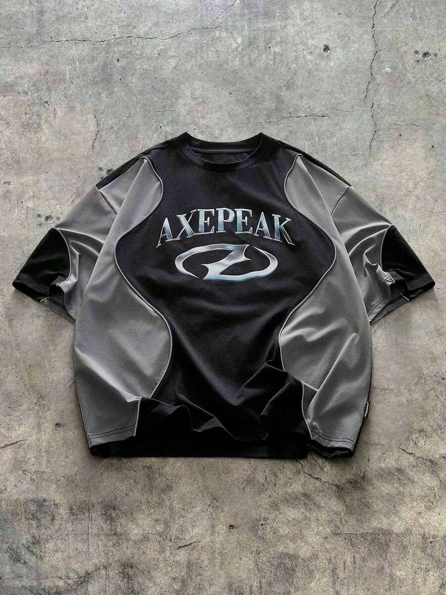 AXEPEAK 夏季大码男士休闲拼色字母印花短袖 T 恤 - 淺藍色 - 查看 1