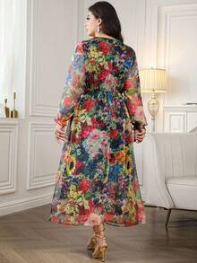 Reflora Đầm dự tiệc dài tay đèn lồng cổ vuông cổ điển lãng mạn cỡ lớn sang trọng in hoa - Nhiều màu - Xem 2