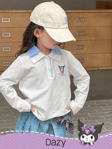 DAZY HELLO KITTY AND FRIENDS | SHEIN 少女卡通刺绣针织翻领长袖T恤，秋季 - 藍白色 - 查看 8