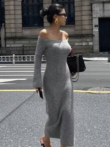 Strévra Women's Off Shoulder Fitted Knit Sweater Dress, Autumn - Grey - View 6