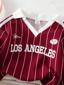 SHEIN Babygirl 可爱运动休闲条纹红色字母图案长袖运动衫 - 紅色 - 查看 5