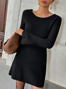 Pariaura Backless Lace-Up Women's Knitted Sweater Dress, Elegant Bowknot A-Line Knit Dress For Autumn/Winter - Black - View 8