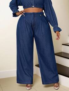 Slaydiva Plus Size Women's Casual City Office Jeans Pants  Autumn Loose Wide-Leg Jeans - Dark Wash - View 4